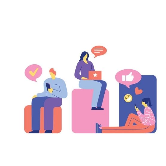 Illustration of people using mobile devices and a computer in a digital communication environment.