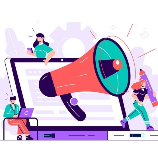 Illustration of a team planning a communication strategy using graphics and visual presentations.