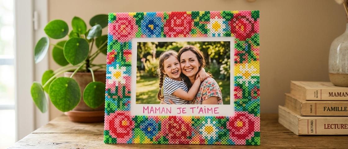 Photo frame in colourful Hama beads with the words "Maman je t'aime" ("Mummy, I love you").