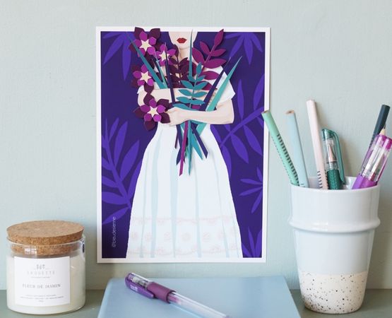 Illustrated card showing a woman carrying purple and red flowers.