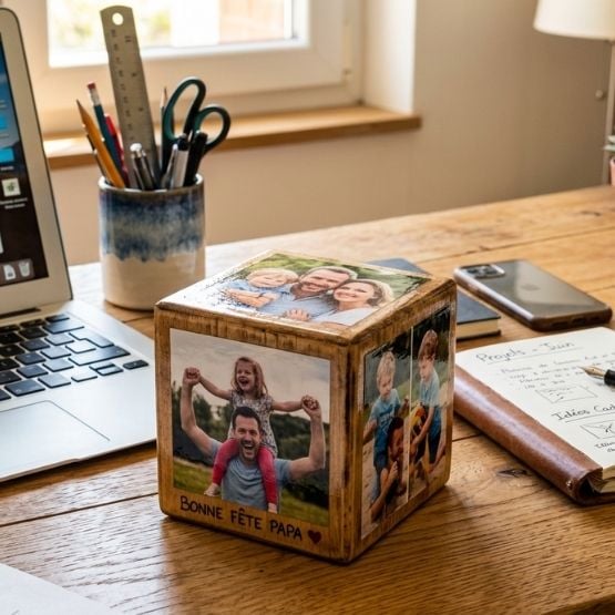 Cube photo en bois posé sur un bureau avec des images de famille collées sur chaque face, à côté d'un ordinateur et d'un téléphone.