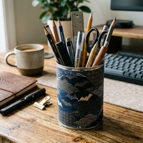 Pot à crayons décoratif sur un bureau rempli de stylos, crayons, ciseaux et règle, avec une tasse à côté.