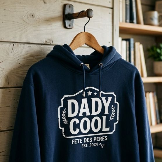 Navy blue hoodie hanging on a hanger with personalised inscription "DADY COOL Father's Day EST". 2024"