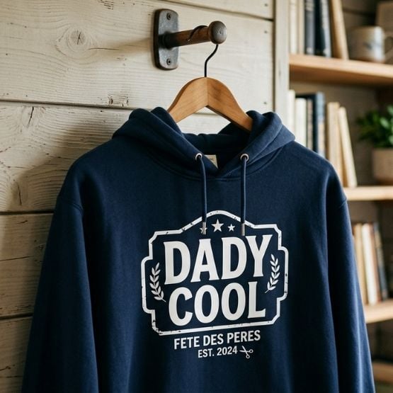 Sweat à capuche bleu marine suspendu sur un cintre avec inscription personnalisée "DADY COOL Fête des pères EST. 2024"