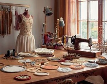 Atelier de broderie avec mannequin, machine à coudre et cadres de fils et perles sur une grande table en bois