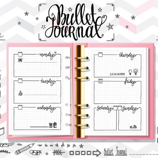 Page de bullet journal ouverte avec une mise en page hebdomadaire décorative en noir et blanc.