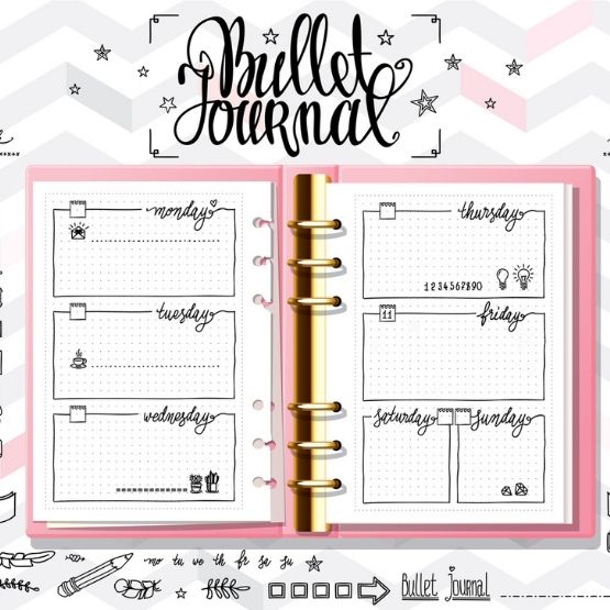 Open bullet journal page with a decorative black and white weekly layout.