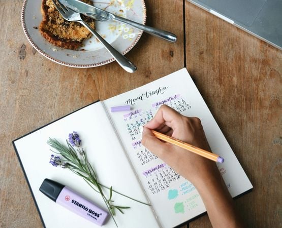 Vue globale d’un calendrier annuel réalisé dans un bullet journal avec un espace de planification