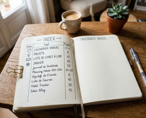 Page d’index d’un bullet journal présentant les différentes sections et catégories d’organisation