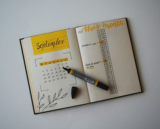 Exemple de page mensuelle dans un bullet journal avec calendrier et suivi des objectifs