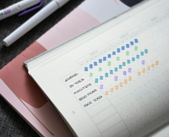 Page de suivi des habitudes dans un bullet journal avec tableau coloré de progression