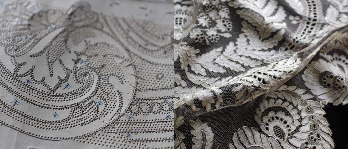 Travail de dentelle de Caen en cours avec motifs détaillés