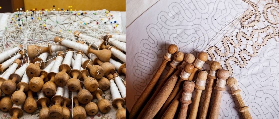 Fuseaux et fils utilisés pour la dentelle à la main