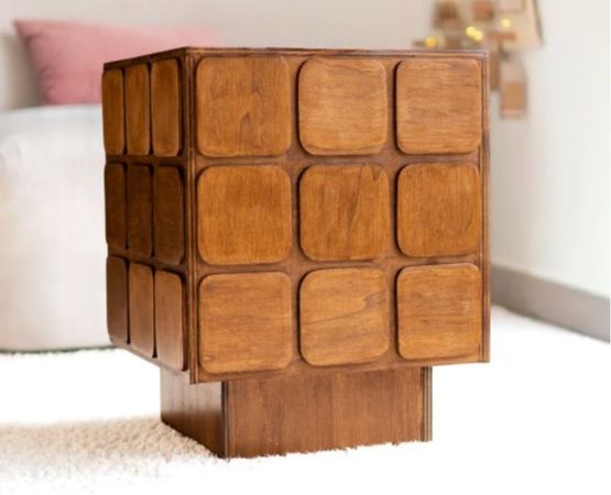 Vintage design wooden side table with raised geometric motifs
