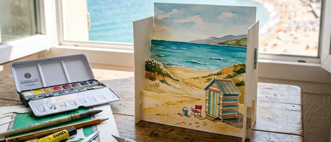 Diorama de plage peint à l’aquarelle avec pinceaux et palette
