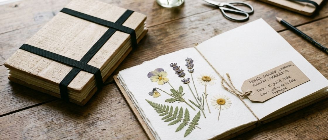 Herbier avec fleurs séchées et étiquette descriptive