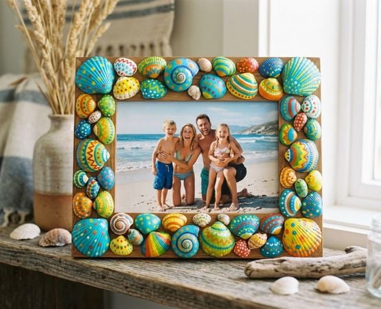 Cadre photo décoré de coquillages peints, avec une photo de famille à l'intérieur