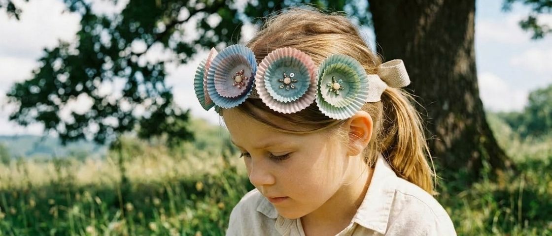 Petite fille portant une couronne de fleurs pastel sur la tête dans un jardin