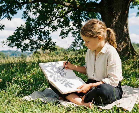 Child drawing in a sketchbook sitting on the grass under a tree