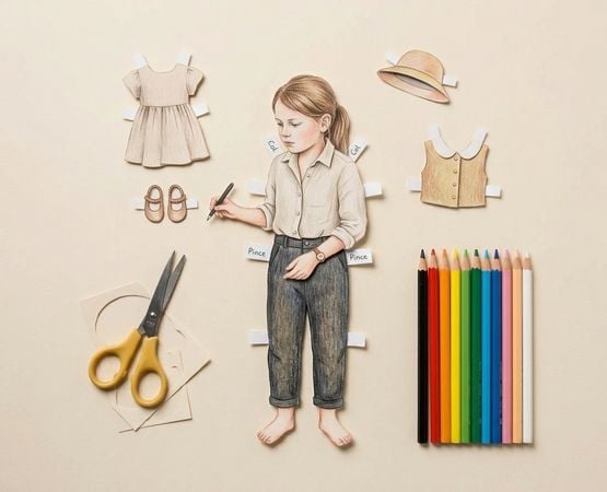 Poupée en papier découpée avec vêtements et accessoires à poser dessus, crayons de couleur à côté