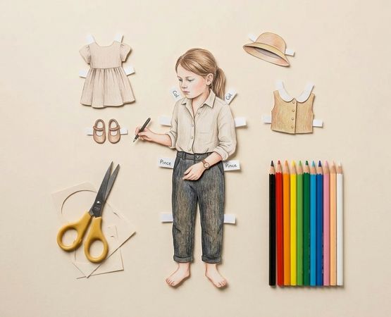 Cut-out paper doll with clothes and accessories to put on top, coloured pencils next to it