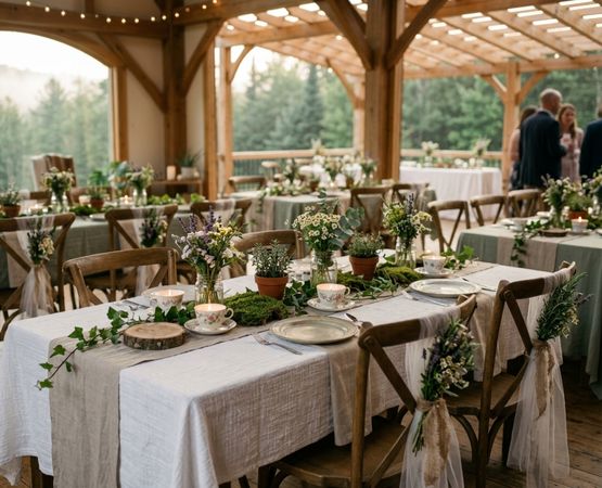 wedding table decoration wood natural flowers and crockery reception atmosphere