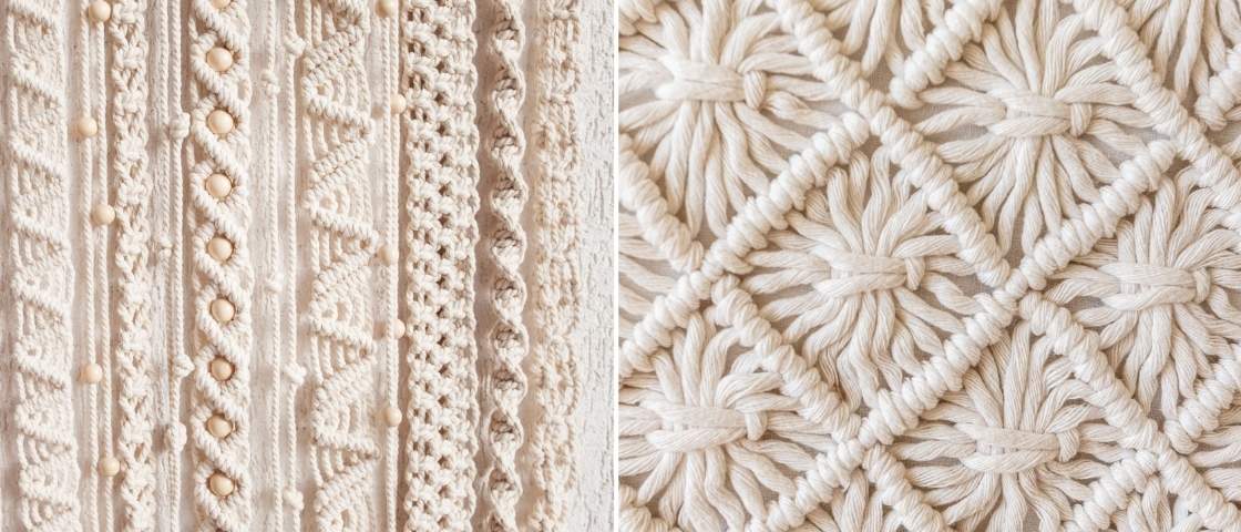 Details of macramé patterns with different types of knots.