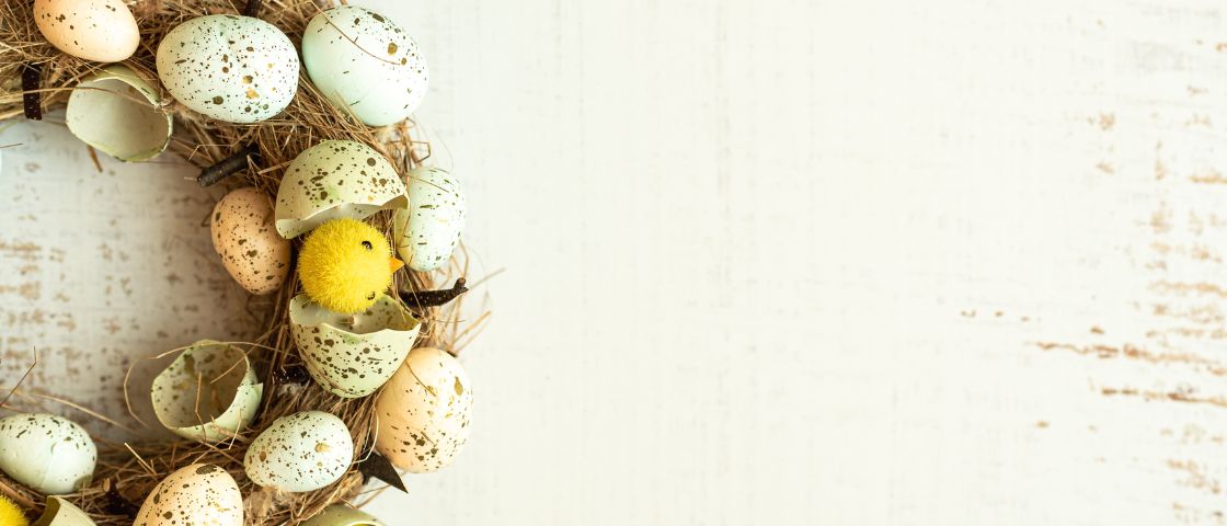 Couronne de Pâques décorée de coquilles d’œufs tachetées et de petits poussins jaunes.