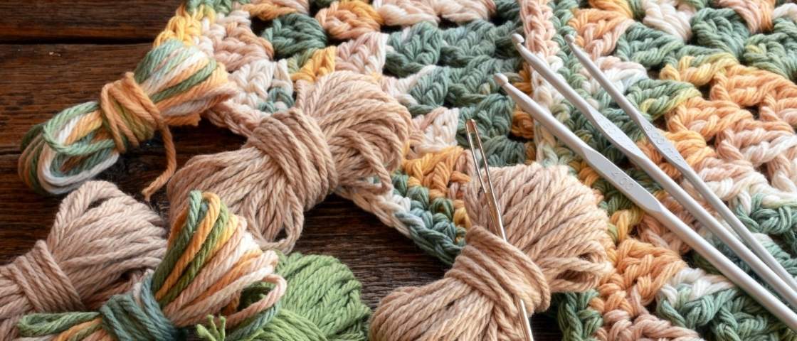 Balls of wool and crochet hooks arranged on a crocheted blanket in natural tones.