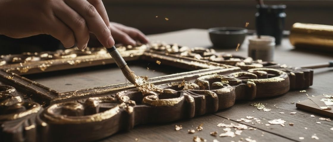 Artisan appliquant de la feuille d’or sur un cadre sculpté à l’aide d’un pinceau.