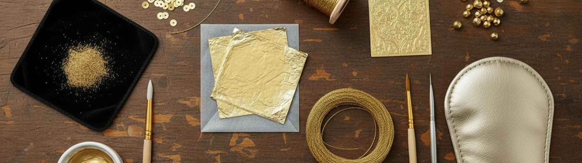 Outils et matériaux utilisés pour la dorure artisanale, avec feuilles d’or, pinceaux et pigments.