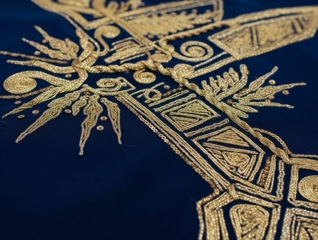 Broderie artisanale au fil doré sur textile bleu, formant des motifs décoratifs raffinés.