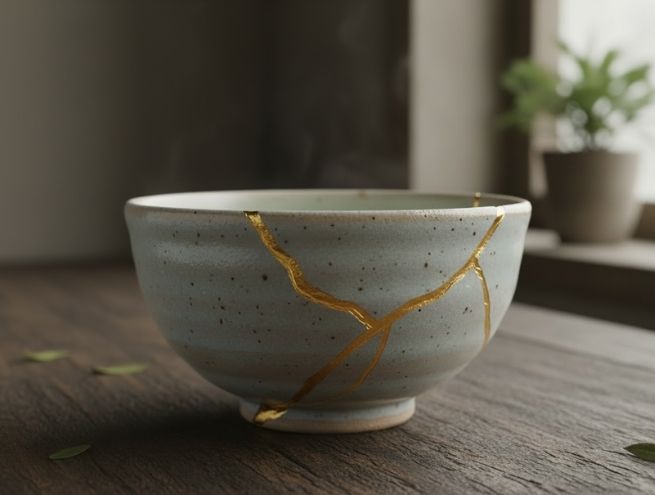 Bol en céramique réparé selon la technique du kintsugi, avec des fissures sublimées à l’or.
