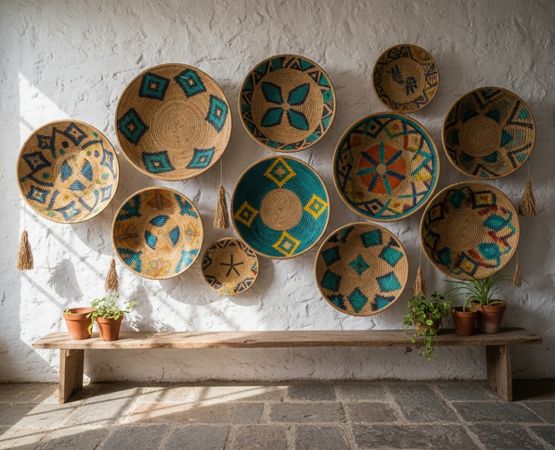 Décoration murale de paniers tressés aux motifs ethniques dans un intérieur bohème
