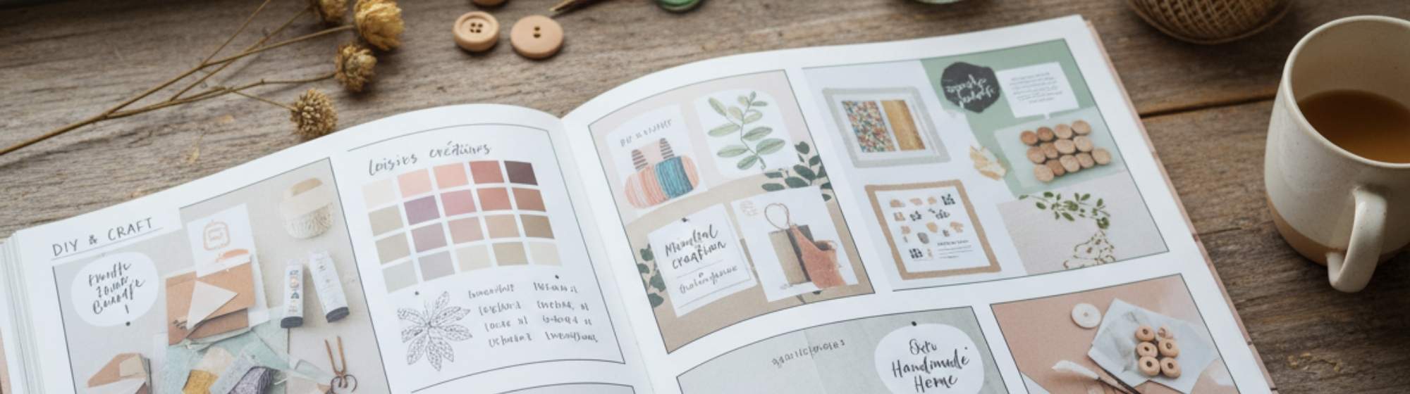 Livre ouvert présentant des tendances DIY et loisirs créatifs, avec moodboards, couleurs et matériaux inspirants sur une table en bois
