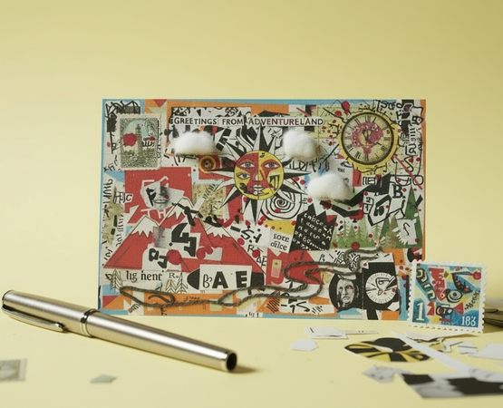 Carte créative réalisée en collage avec motifs graphiques et éléments découpés