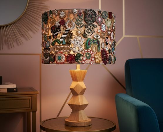 Decorative handmade lamp with shade embroidered with colourful motifs
