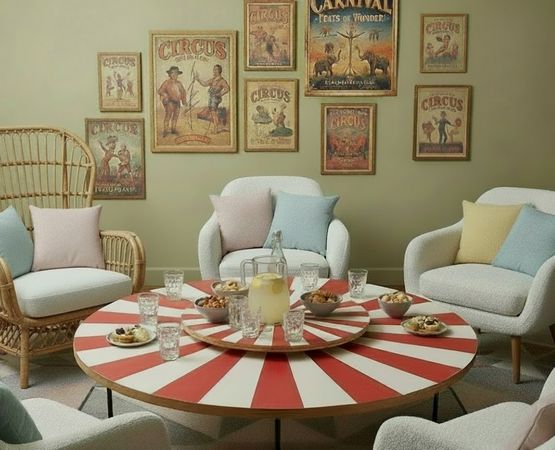 Salon décoré sur le thème du cirque avec table rayée rouge et blanche et affiches vintage