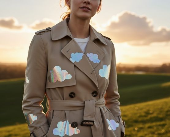Beige coat decorated with iridescent clouds worn outdoors at sunset