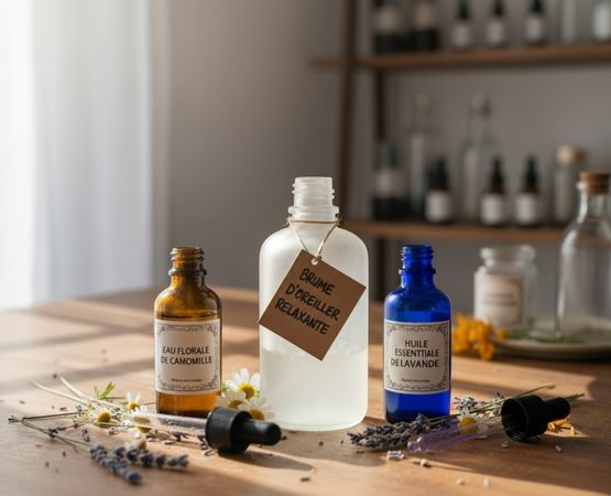 Flacons d’huiles essentielles et ingrédients naturels pour fabrication de parfum maison