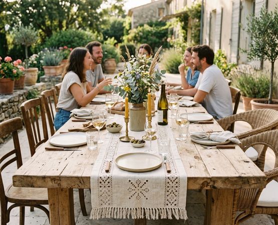 A group of people sharing a meal outdoors