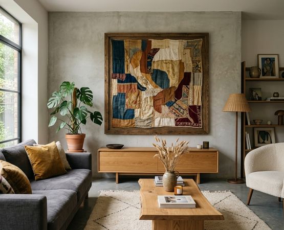 A modern living room with a grey sofa, a wooden coffee table and abstract artwork on the walls