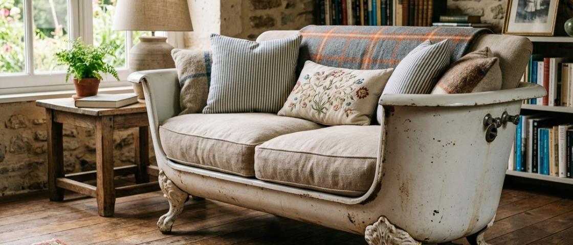 Canapé original avec coussins et plaid dans un intérieur cosy