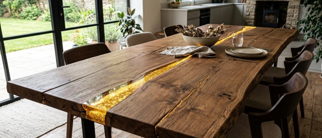 Table en bois avec insertions résine et décoration naturelle