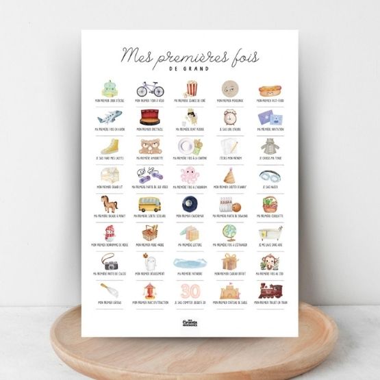 My first grown-up experiences" illustrated poster with 40 boxes of childhood experiences.