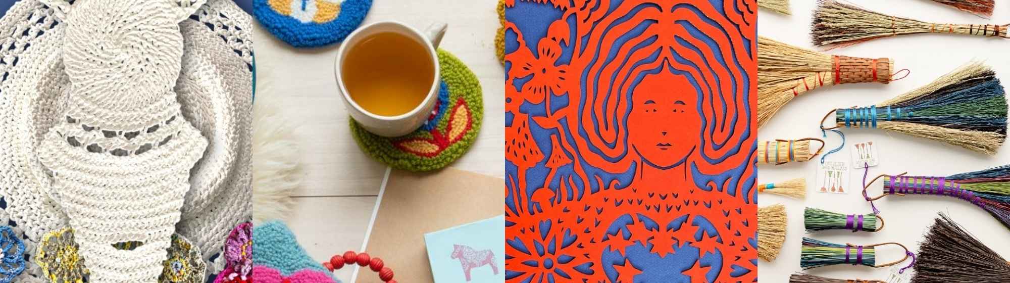 Patchwork crafts: crochet, punch needle, paper cut-outs and decorated brooms.