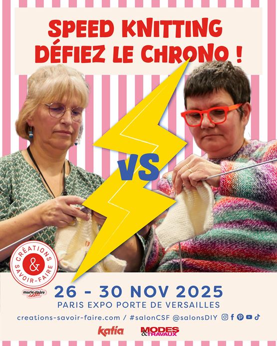 Poster for the Speed Knitting event at Créations & Savoir-Faire 2025, with two participants knitting in a duel.