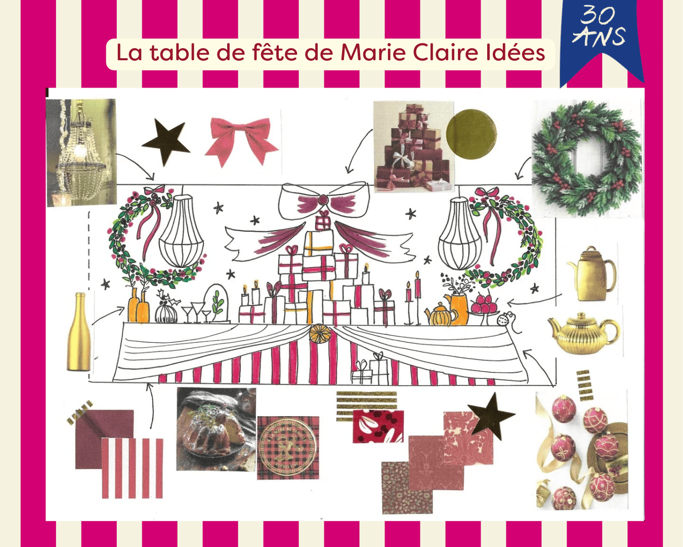 Planche d’inspiration pour une décoration de table de Noël, associant rayures rouges et blanches, dorures, bougies, couronnes végétales et ornements festifs.