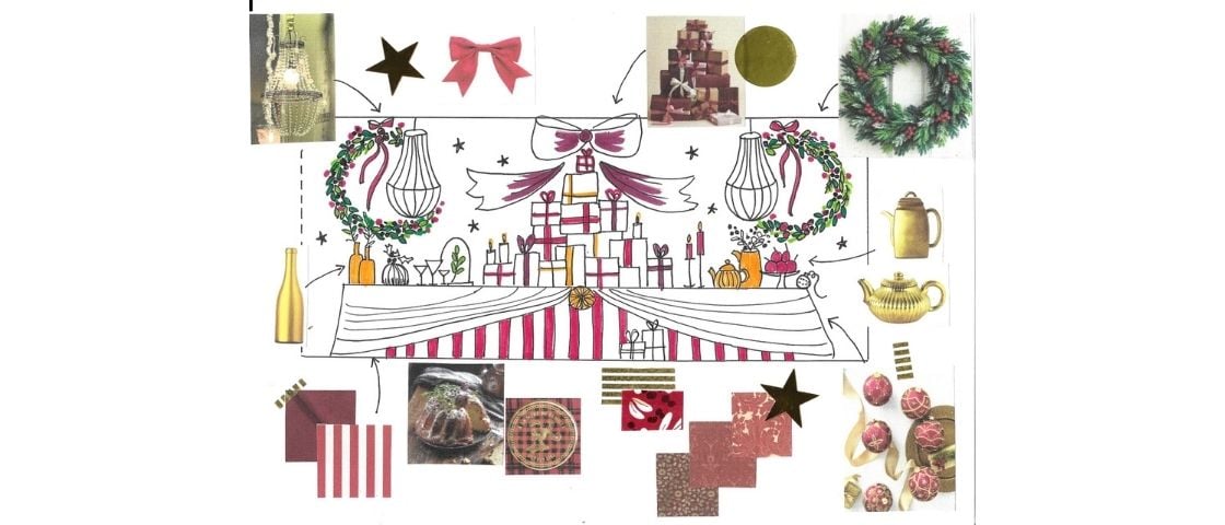 Planche d’inspiration pour une décoration de table de Noël, associant rayures rouges et blanches, dorures, bougies, couronnes végétales et ornements festifs.