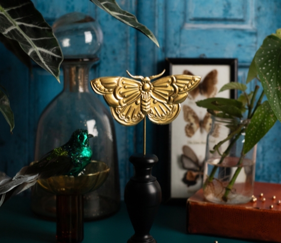 Décoration dorée en forme de papillon sur un support noir, posée parmi des plantes vertes et des objets décoratifs